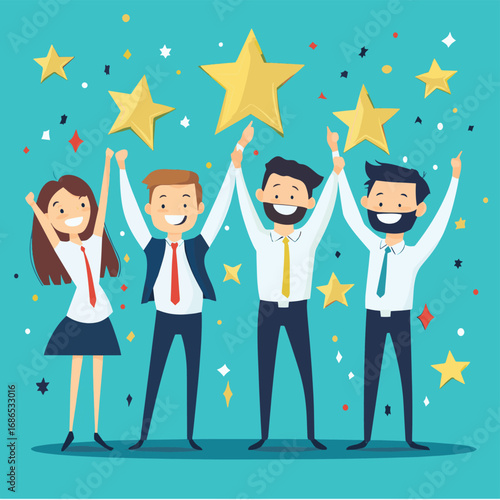 Group of professionals celebrating success and achievement with golden stars representing excellent performance and top quality feedback , vector style simple color