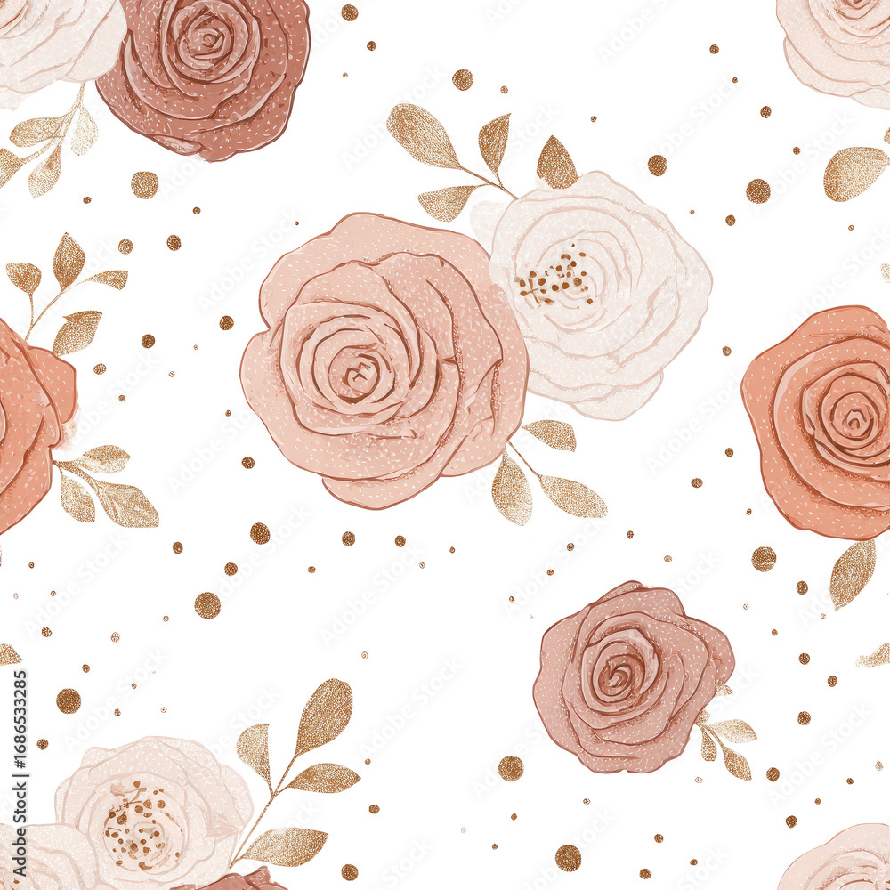 Naklejka premium Floral pattern of blush-toned roses on a black background with gold speckles