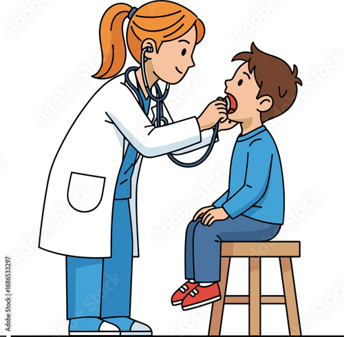 Doctor examining young boy with stethoscope, medical check‑up illustration, healthcare professional and child patient, routine consultation concept, pediatric care artwork