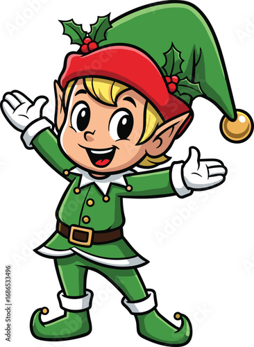 Cheerful cartoon Christmas elf in green outfit with red hat and holly, festive holiday character illustration for kids, winter celebrations, and seasonal designs