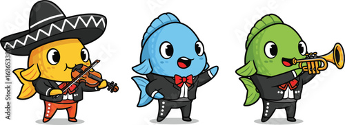 Cartoon mariachi fish characters playing instruments, tropical marine band mascot, cultural music illustration, whimsical anthropomorphic sea life design, festive ocean animal artwork