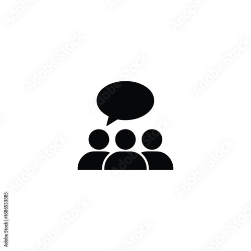 Simple black and white icon depicting three people communicating with a speech bubble.