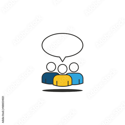 Simple illustration of three people with a speech bubble above, representing communication and teamwork.