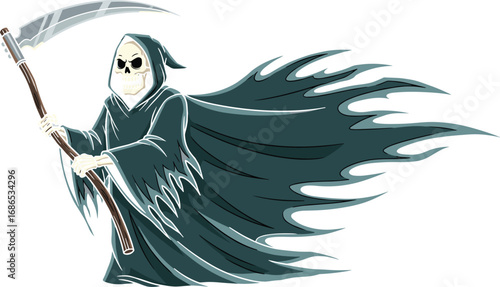 Grim Reaper mascot illustration, hooded skeleton with scythe, dark cloak flowing in motion, death symbol artwork, eerie horror character design concept