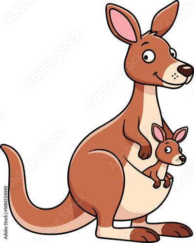 Cartoon kangaroo with joey in pouch, cute marsupial animal, wildlife illustration, Australian fauna, mother and baby, friendly expression, nature character, adorable animal art
