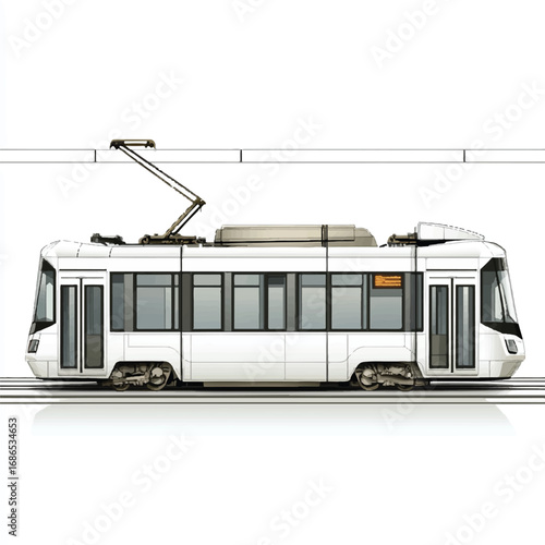 Modern White Tram Car Profile View with Detailed Design