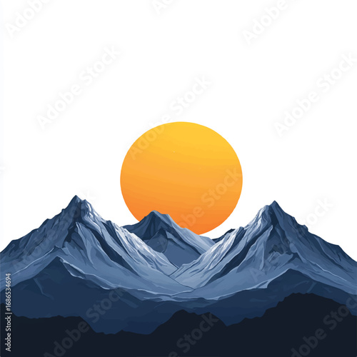 Mountain Peaks Silhouetted Against a Large Orange Sun Vector Landscape