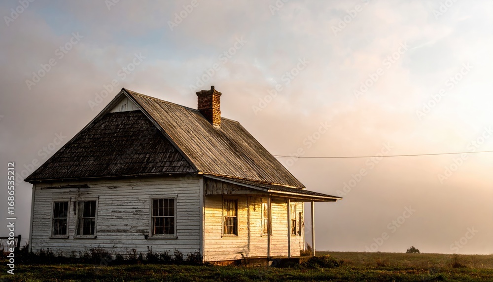 Fototapeta premium White Farmhouse in Foggy Field at Sunrise