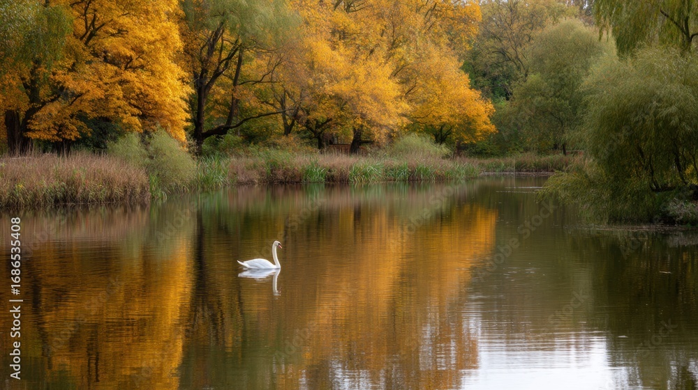 Fototapeta premium Landscape photograph of a lake with a white swan swimming in the water. the lake is surrounded by trees with orange and yellow leaves, creating a beautiful autumnal scene.