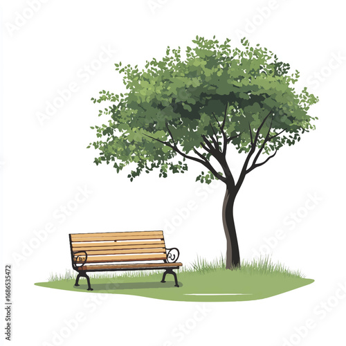 Peaceful Park Scene with Lush Tree and Wooden Bench
