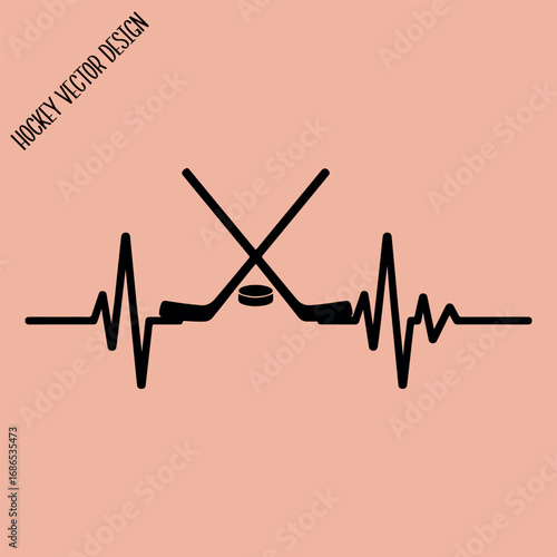 Crossed Hockey Sticks and Puck with Heartbeat Line Illustration