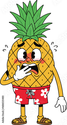 Cartoon pineapple character with anxious expression, tropical fruit mascot in red floral shorts, humorous anthropomorphic design, funny summer illustration, worried cute fruit character
