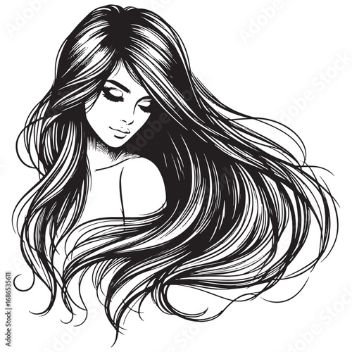 Beautiful long hair girl silhouette sketch art.