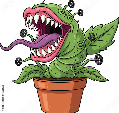 Cartoon carnivorous plant monster in pot with sharp teeth and long tongue, fantasy creature illustration for Halloween, horror mascot, spooky botanical design