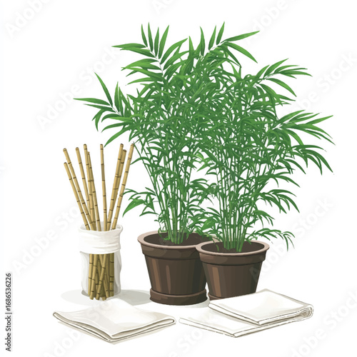 Potted Palms Bamboo Sticks and Napkins Illustration.