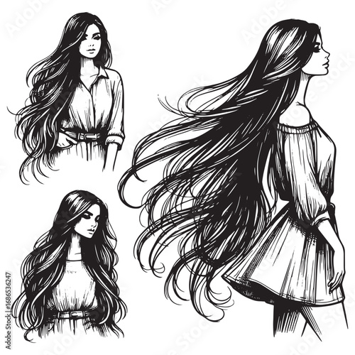 Beautiful long hair girl silhouette sketch art.