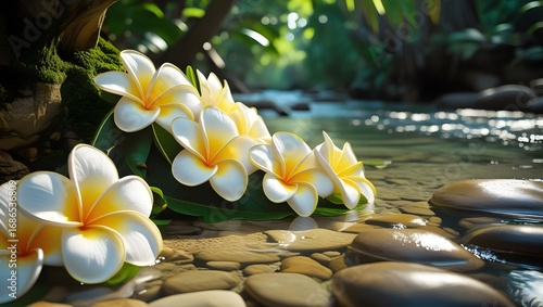 White and yellow frangipani flowers on tropical forest