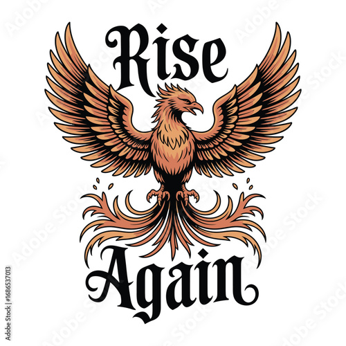 Vintage-style phoenix logo design with "Rise Again" text, perfect for apparel, branding, and motivational designs.