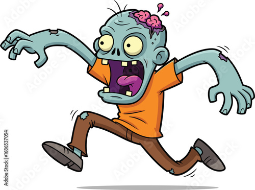 Cartoon zombie with blue‑green skin and exposed brain, funny running undead monster illustration for Halloween, horror mascot design, playful spooky character artwork