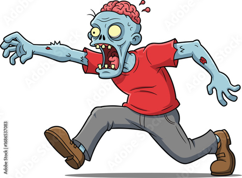 Cartoon zombie with blue skin and exposed brain, creepy running undead monster illustration for Halloween, horror mascot design, scary character artwork