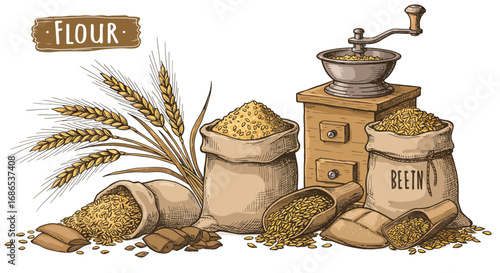 Rustic Flour Mill Illustration with Wheat Stalks and Bags of Grain for Baking