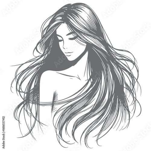 Beautiful long hair girl silhouette sketch art.