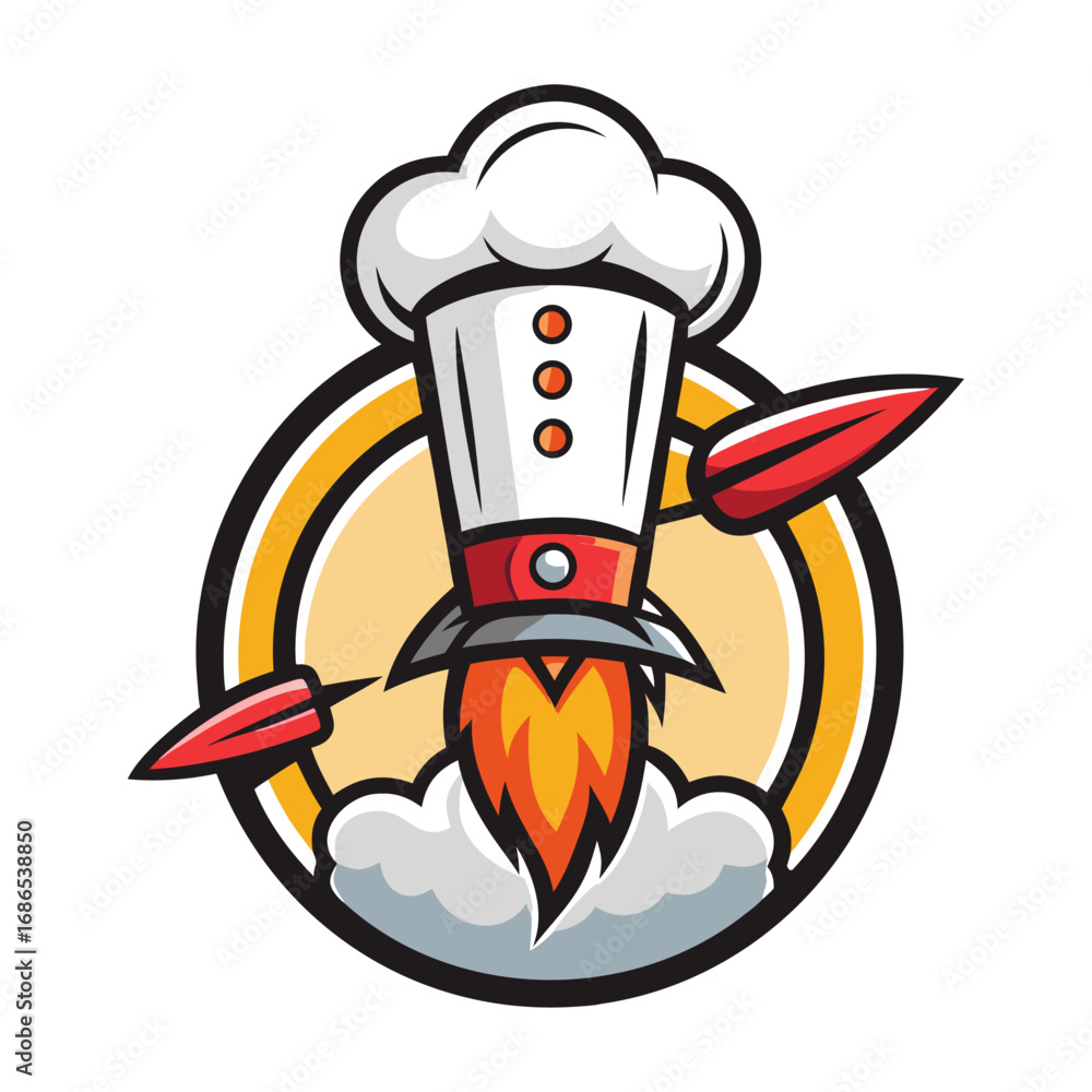 Obraz premium Modern chef hat with rocket launch concept, creative fast food delivery logo design, innovative restaurant branding vector illustration template
