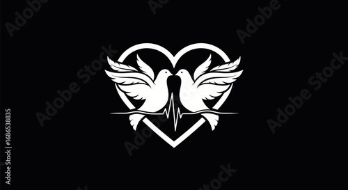 Two white doves forming a heart shape with a heartbeat symbol.