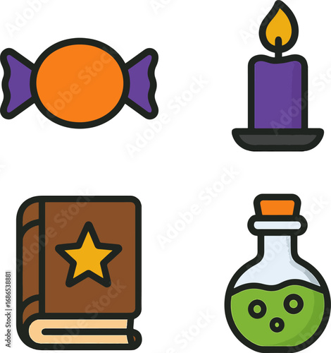 Halloween candy, candle, spell book, and potion bottle sit together on white surface, representing spooky celebration with magical elements.