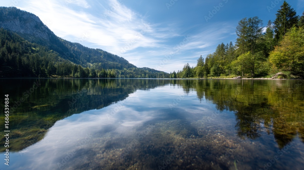 Fototapeta premium Beautiful landscape of a lake surrounded by trees and mountains. the lake is calm and still, reflecting the sky and the surrounding landscape.