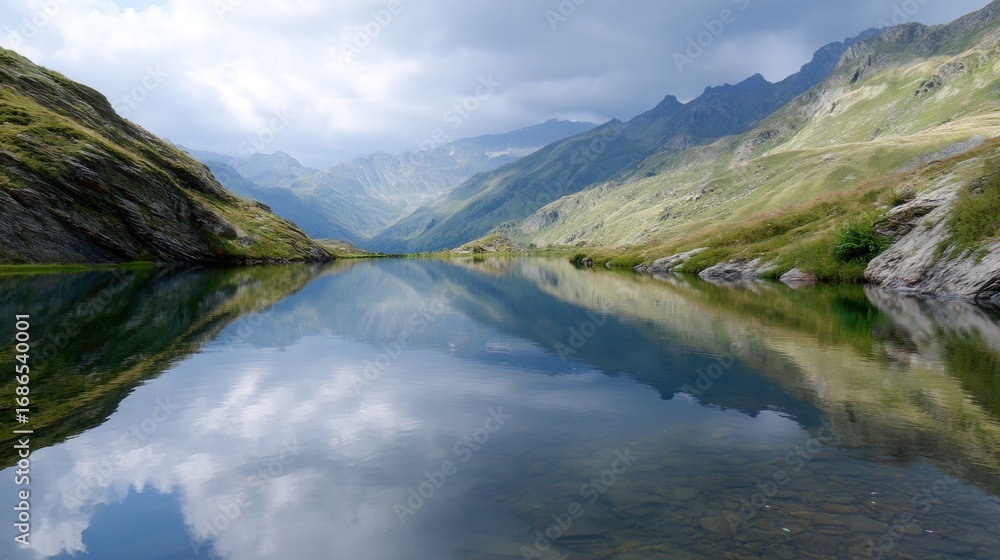 Obraz premium Landscape photograph of a beautiful mountain lake. the lake is calm and still, reflecting the sky and the surrounding mountains.