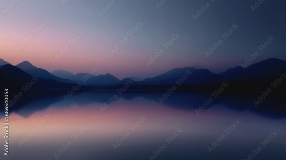 Fototapeta premium Landscape photograph of a mountain range reflected in a calm lake. the sky is a gradient of blue and pink, with the sun setting on the horizon.