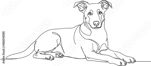 Minimalist line art illustration of a friendly dog lying down