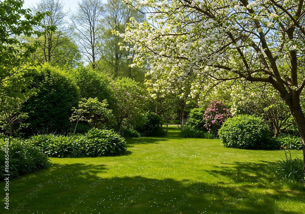 Obraz premium A beautiful, sunlit garden with a perfectly manicured lawn and blooming trees