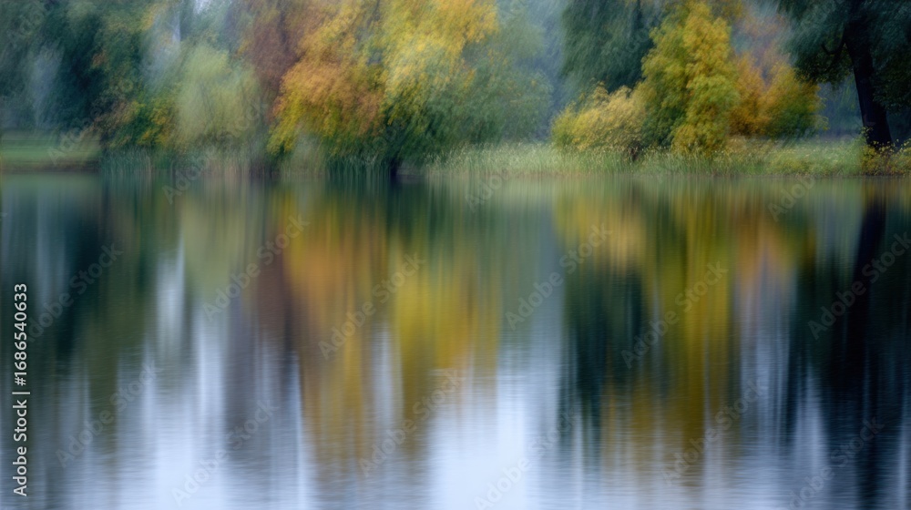 Fototapeta premium Landscape photograph of a lake with trees reflected in the water. the trees are in various shades of green, orange, and yellow, creating a beautiful contrast against the blue sky.