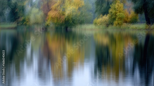 Landscape photograph of a lake with trees reflected in the water. the trees are in various shades of green, orange, and yellow, creating a beautiful contrast against the blue sky.