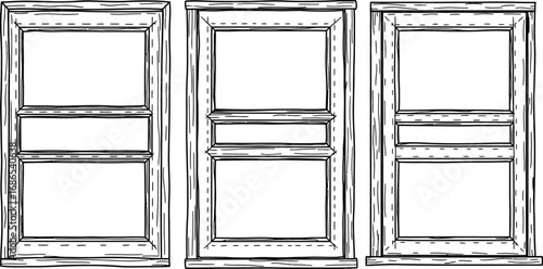 Architectural illustration of three window frames with different styles and panes