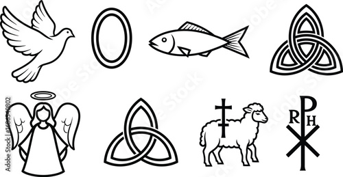 Collection of religious symbols including a dove, angel, fish, and Celtic knots.