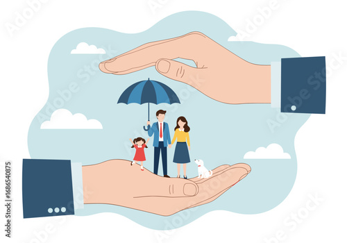Illustration of a family protected by large hands and an umbrella, symbolizing security, insurance, and care. Concept of family safety and well-being