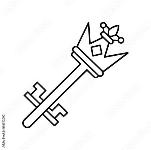 Golden royal key with crown top and black outline icon
