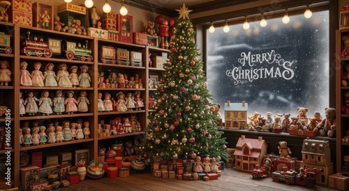 Festive Toy Shop Filled with Christmas Cheer and Presents Under the Tree