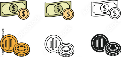 Financial icons showing currency and coins, representing money and transactions