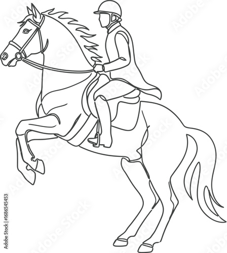 Equestrian rider in helmet and jacket skillfully guides a rearing horse in outline style.