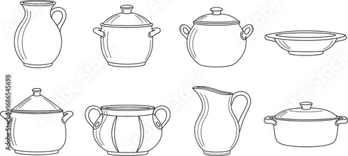 Collection of various ceramic pottery and cookware line art illustrations