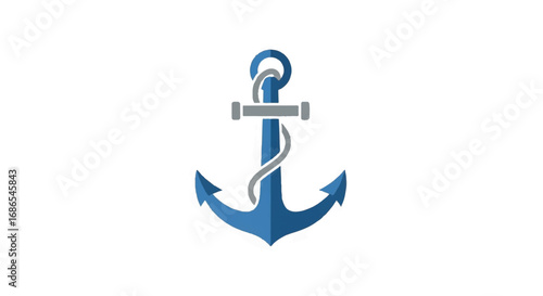 Blue Anchor with Rope Nautical Symbol.
