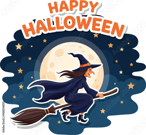 A cartoon witch flying on a broomstick in front of a full moon with stars, wishing everyone a happy halloween