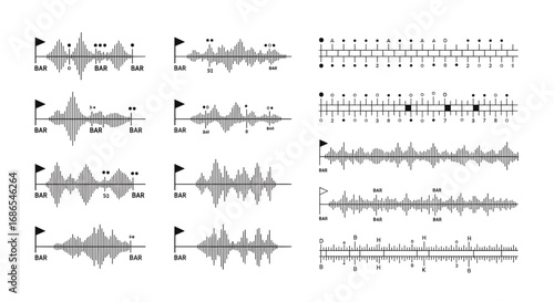 Detailed visual representation of various audio waveforms, showing amplitude and time relationships.