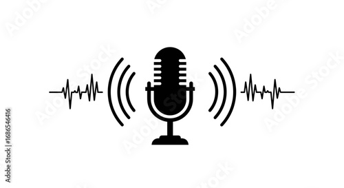 Black microphone icon with sound waves, representing audio recording and broadcasting.