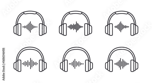 A set of six line art icons depicting headphones with sound waves, representing audio or music.