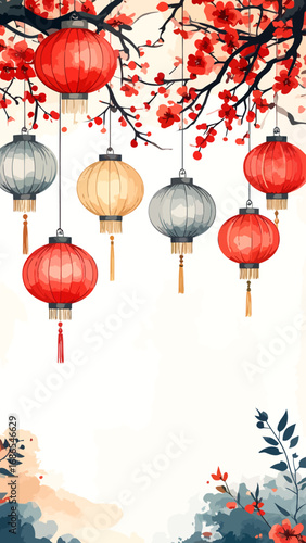 red and beige chinese lanterns hanging from branches.